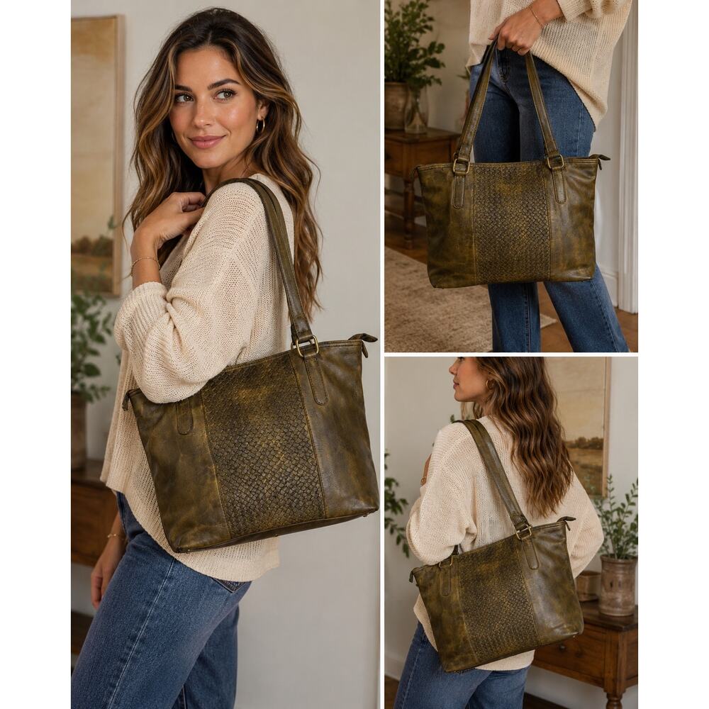 Handcrafted Leather Tote Bag Olive Brown Distressed Boho Shoulder Bag Zip Top